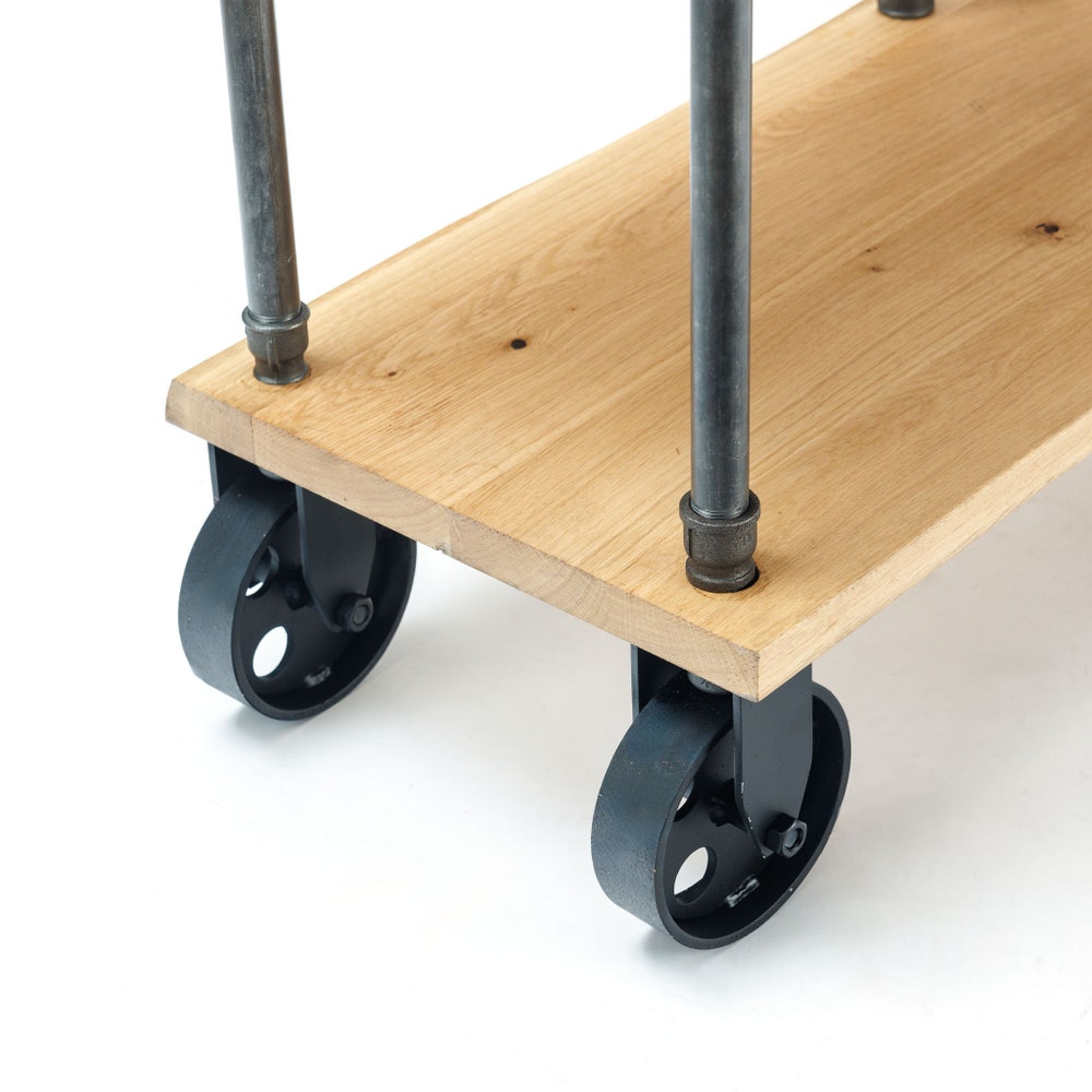 Industrial Oak Wood Kitchen Cart With Pipe Frame And Three Tier Storage Shelves