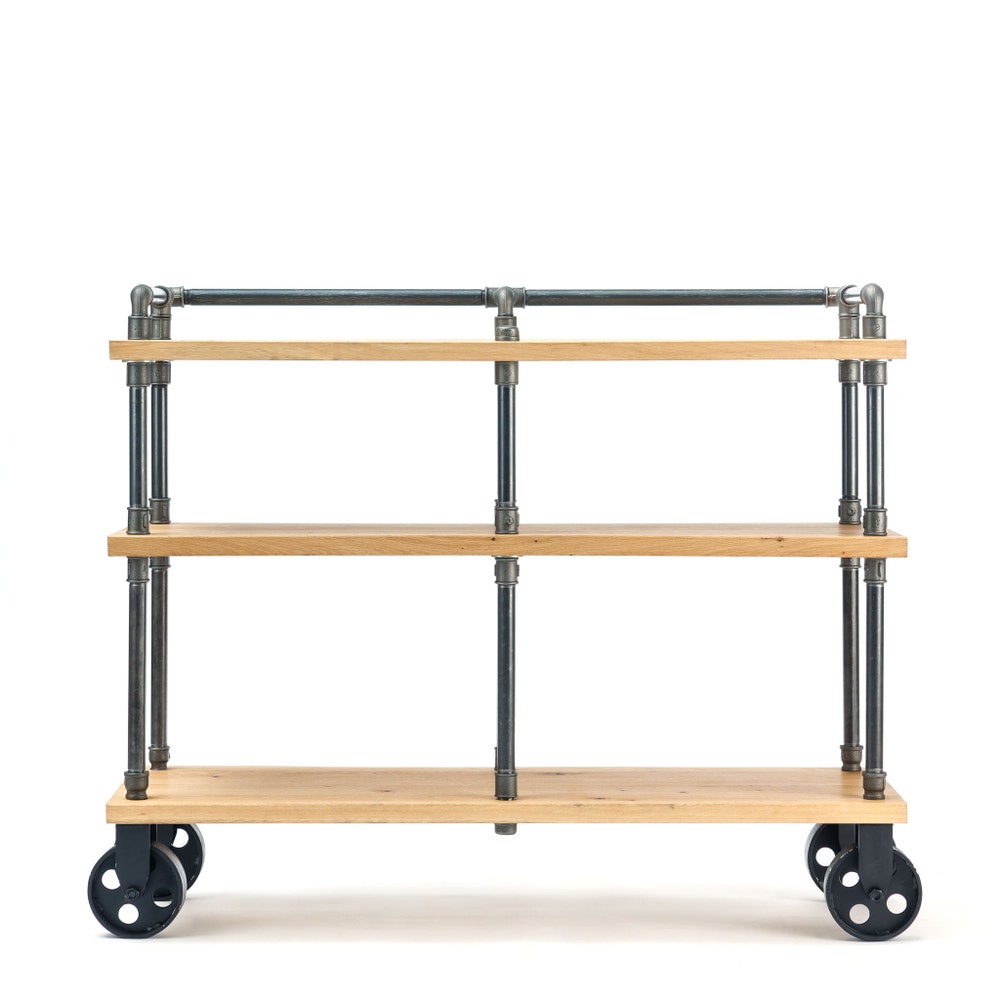 Industrial Oak Wood Kitchen Cart With Pipe Frame And Three Tier Storage Shelves