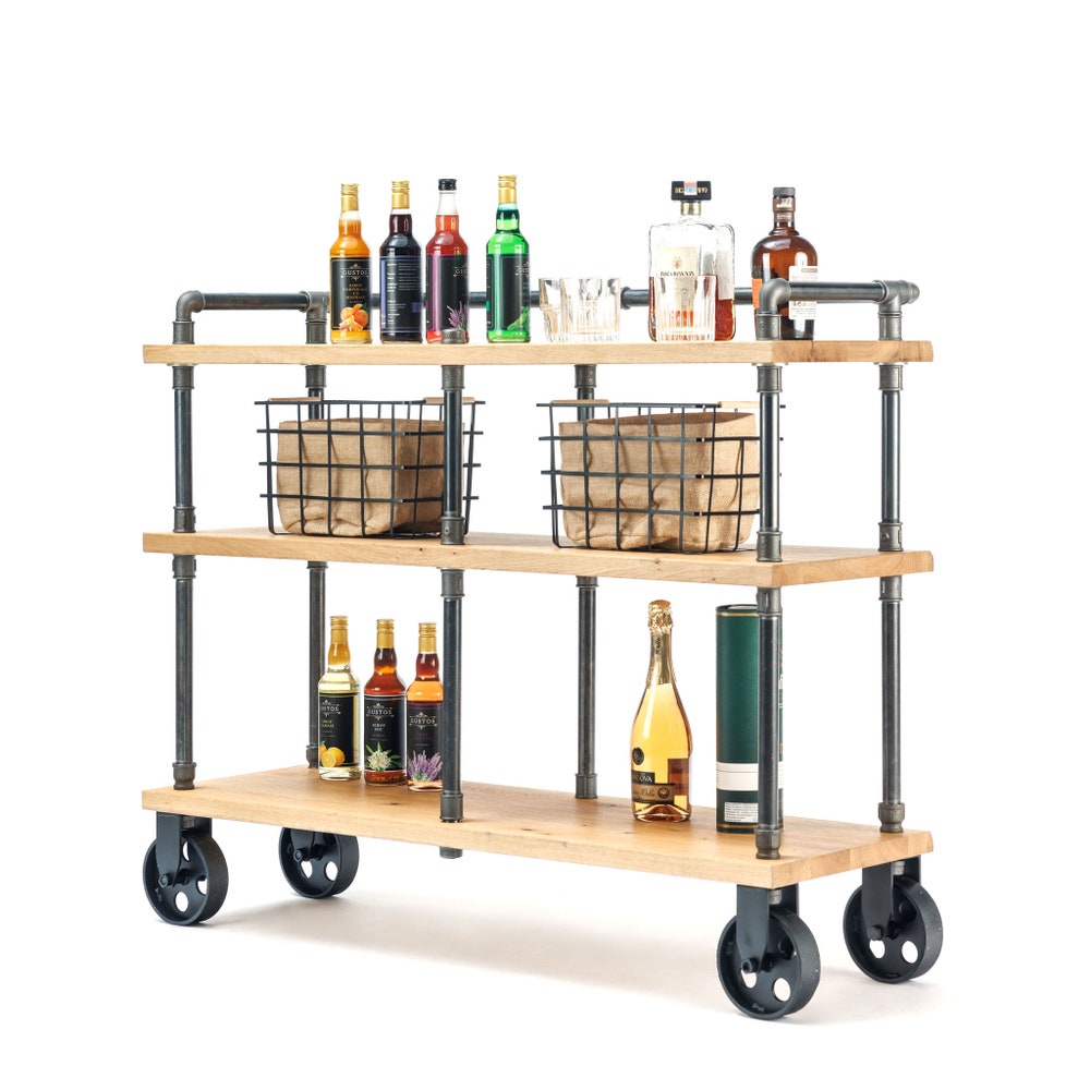 Industrial Oak Wood Kitchen Cart With Pipe Frame And Three Tier Storage Shelves
