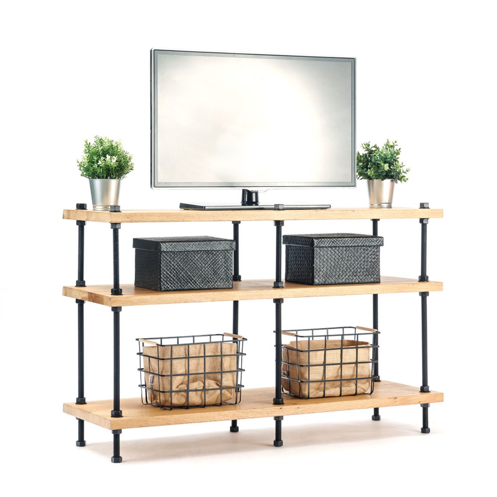 Oak Wood Industrial TV Stand With Pipe Frame And Three Tier Media Shelves