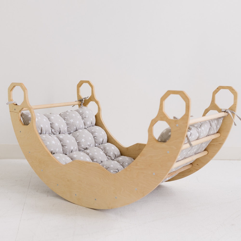 Climbing Set of 3 items with Cushion, Toddler Rocker, Montessori Furniture, Baby Wooden Gym, Arch with pillow, Foldable triangle, 1st Gift