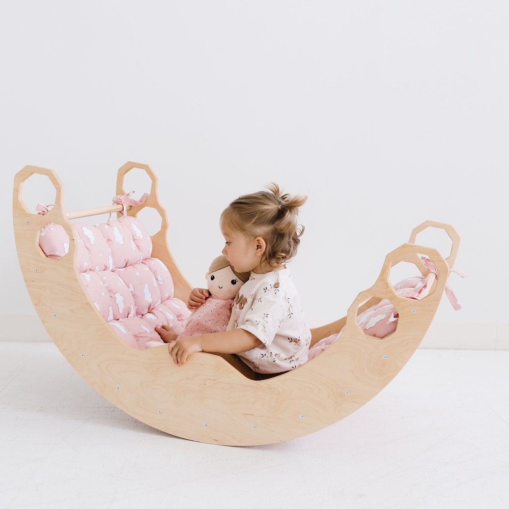 Climbing Set of 3 items with Cushion, Toddler Rocker, Montessori Furniture, Baby Wooden Gym, Arch with pillow, Foldable triangle, 1st Gift