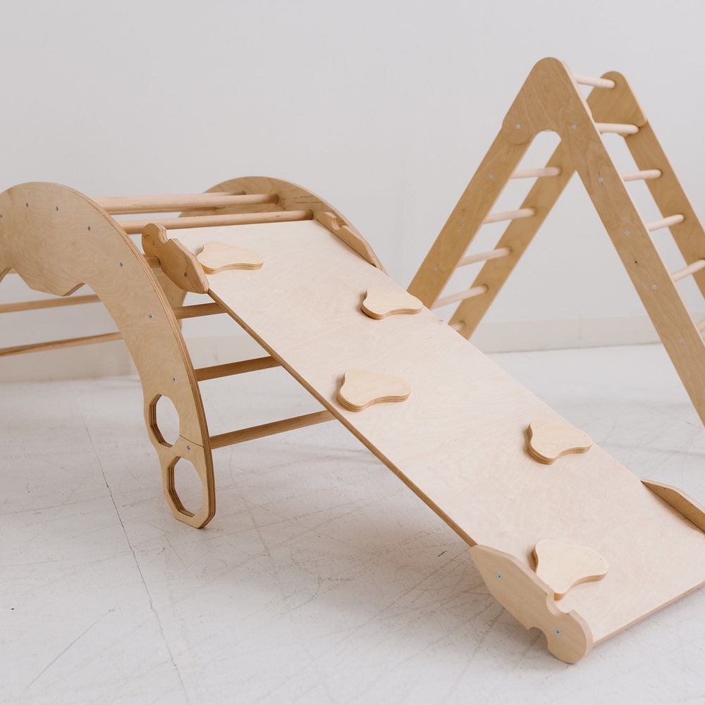 Climbing Set of 3 items with Cushion, Toddler Rocker, Montessori Furniture, Baby Wooden Gym, Arch with pillow, Foldable triangle, 1st Gift