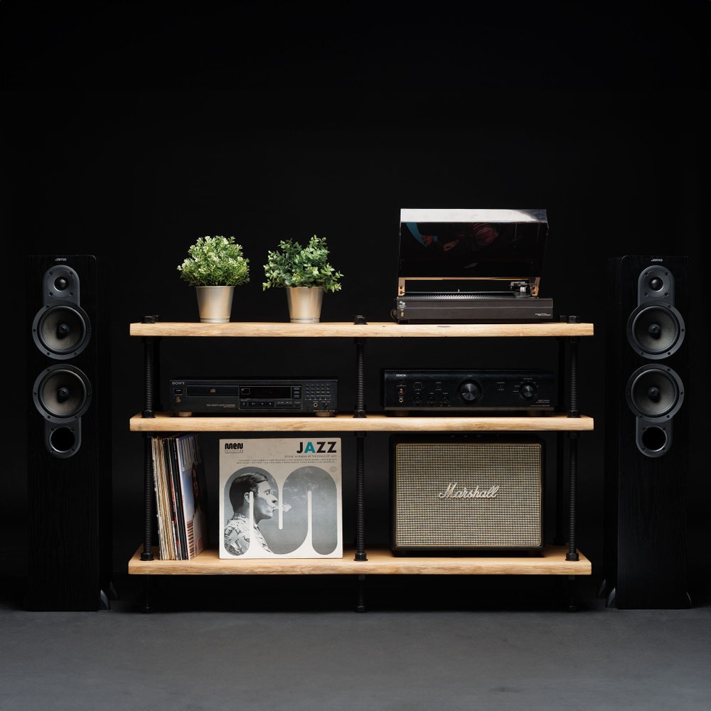 Oak Wood Industrial TV Stand With Pipe Frame And Three Tier Media Shelves