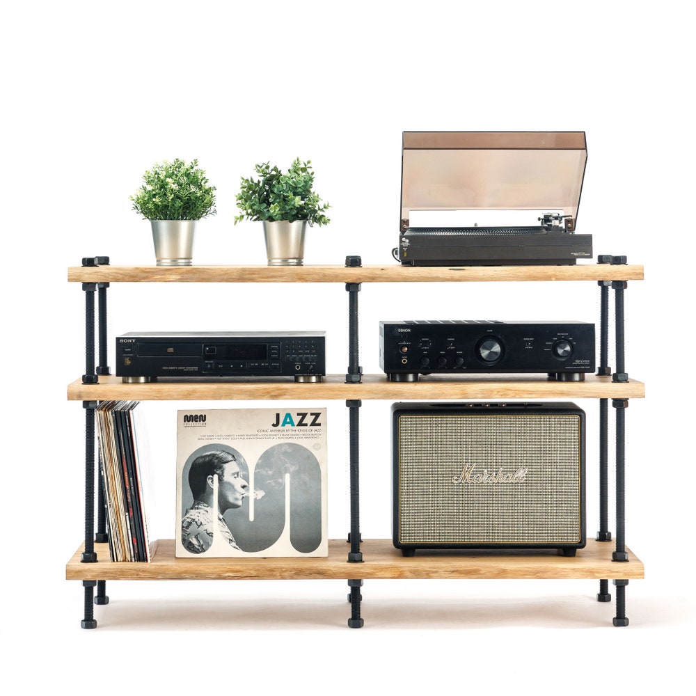 Oak Wood Industrial TV Stand With Pipe Frame And Three Tier Media Shelves