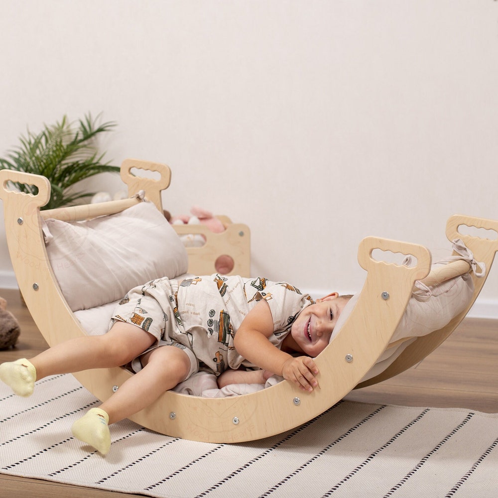 Waldorf Climbing Arch with Toddler Tent & Optional Soft Play Cushion, Handmade Furniture Montessori Rocker with Kids Tent and Playmat Pillow