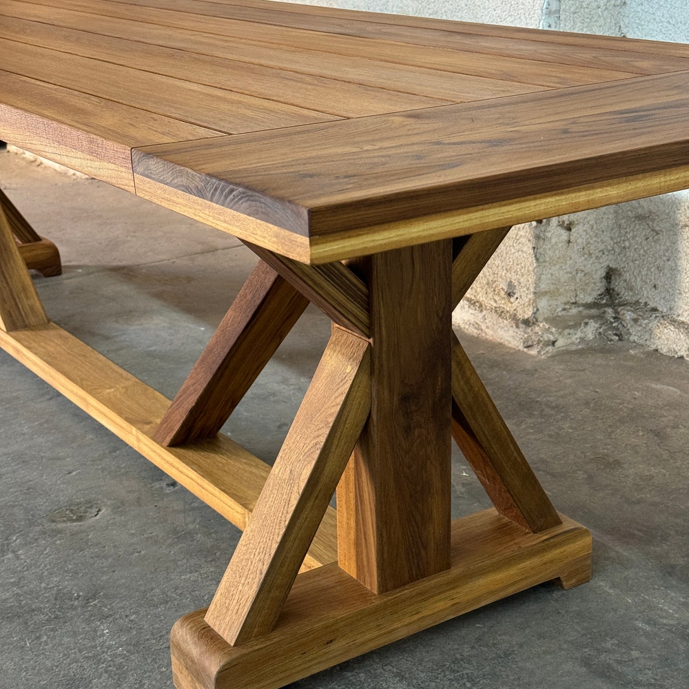 Teak dining table, farmhouse table, trestle table, custom dining table, outdoor table
