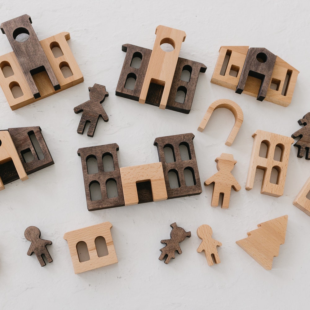 Christmas Village Set, Montessori Pretend Play Toys, Holiday Reusable Decor, Building Blocks for Toddler, Wooden Village Houses, First Gift