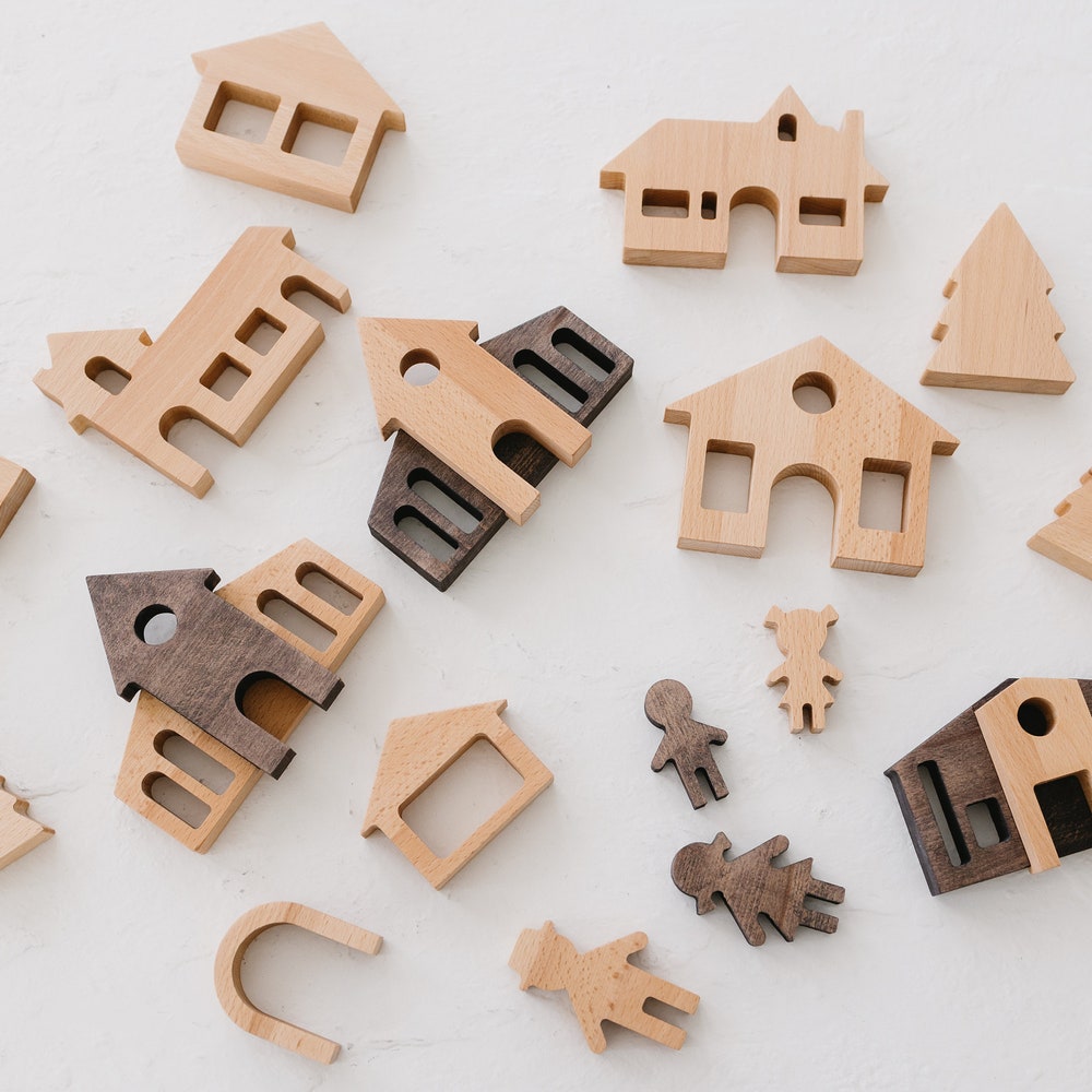 Christmas Village Set, Montessori Pretend Play Toys, Holiday Reusable Decor, Building Blocks for Toddler, Wooden Village Houses, First Gift