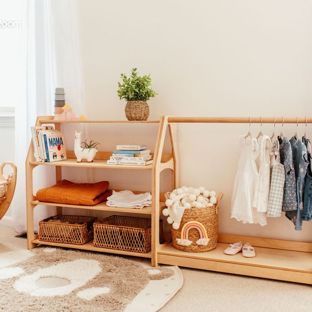 Set of 3 Shelves: Toy Storage + Kid Clothing Rack, Toddler Nursery, Toys Shelf, Montessori Furniture, Open Shelf, Montessori Shelves