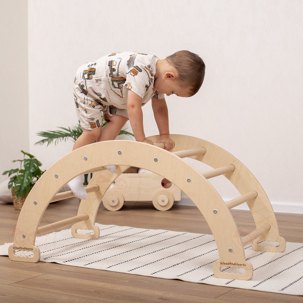 Waldorf Climbing Arch with Toddler Tent & Optional Soft Play Cushion, Handmade Furniture Montessori Rocker with Kids Tent and Playmat Pillow