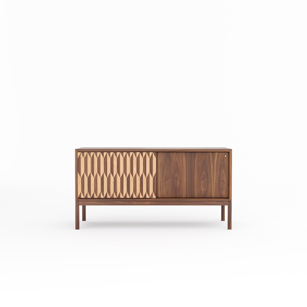 Walnut sideboard with two inlaid sliding doors in mid century modern style, credenza, dresser, commode, walnut veneer, walnut + oak inlay