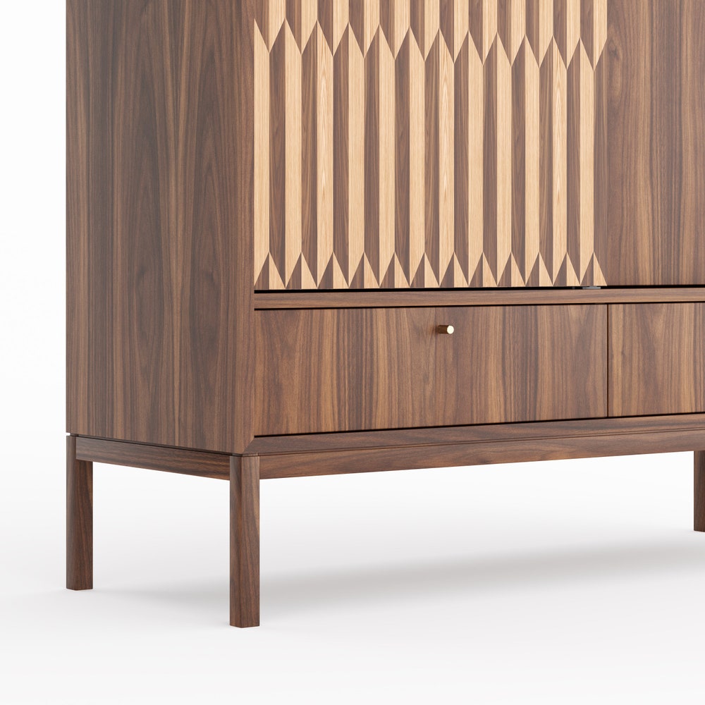 Walnut highboard with two inlaid sliding doors and two drawers in mid century modern style, credenza, dresser, commode, black walnut veneer