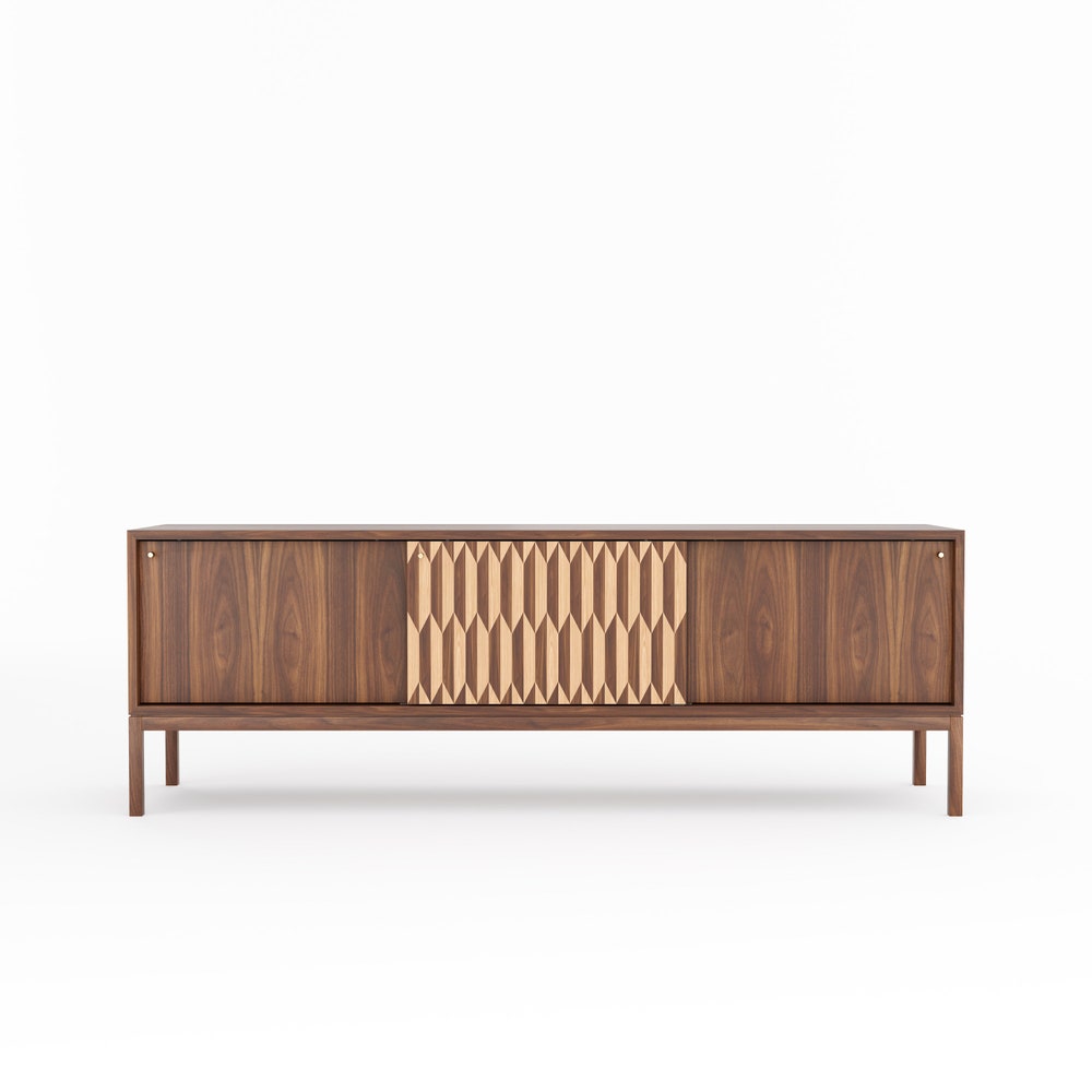 Walnut sideboard with three inlaid sliding doors in mid century modern style, credenza, dresser, commode, black walnut and oak veneer inlay
