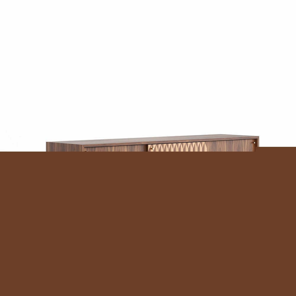 Walnut sideboard with three inlaid sliding doors in mid century modern style, credenza, dresser, commode, black walnut and oak veneer inlay