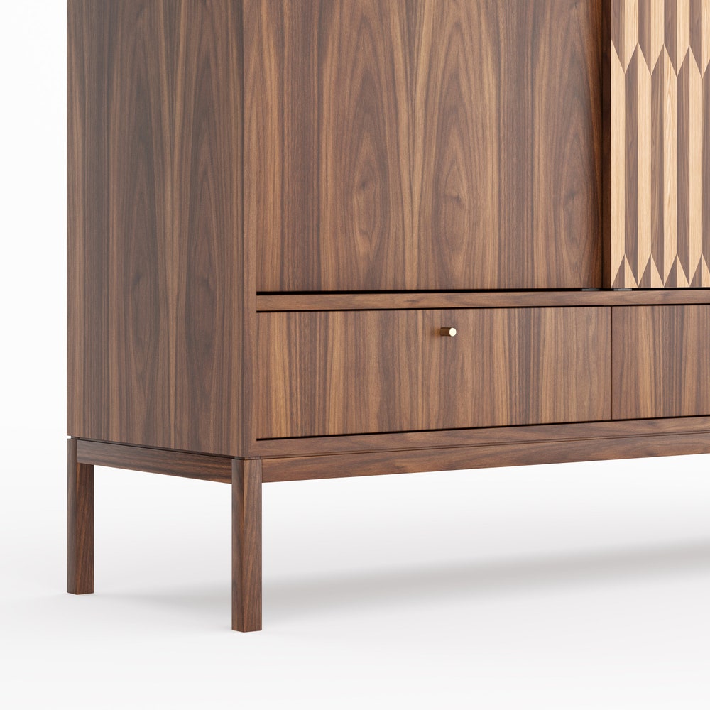 Walnut buffet with inlaid sliding doors and three drawers in mid century modern style, credenza, dresser, commode, sideboard