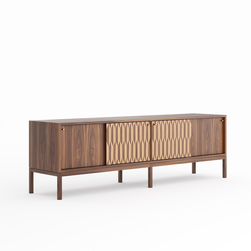 Walnut long sideboard with four inlaid sliding doors in mid century modern style, credenza, dresser, commode, walnut and oak inlay