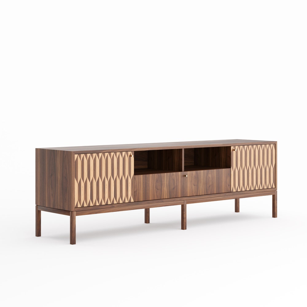 Walnut long sideboard, TV stand with two inlaid doors and one drawer in mid century modern style, credenza, dresser, commode, media cabinet