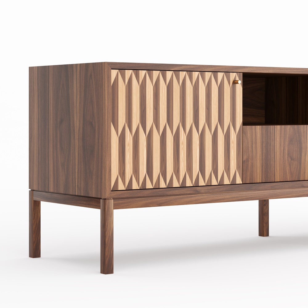 Walnut long sideboard, TV stand with two inlaid doors and one drawer in mid century modern style, credenza, dresser, commode, media cabinet