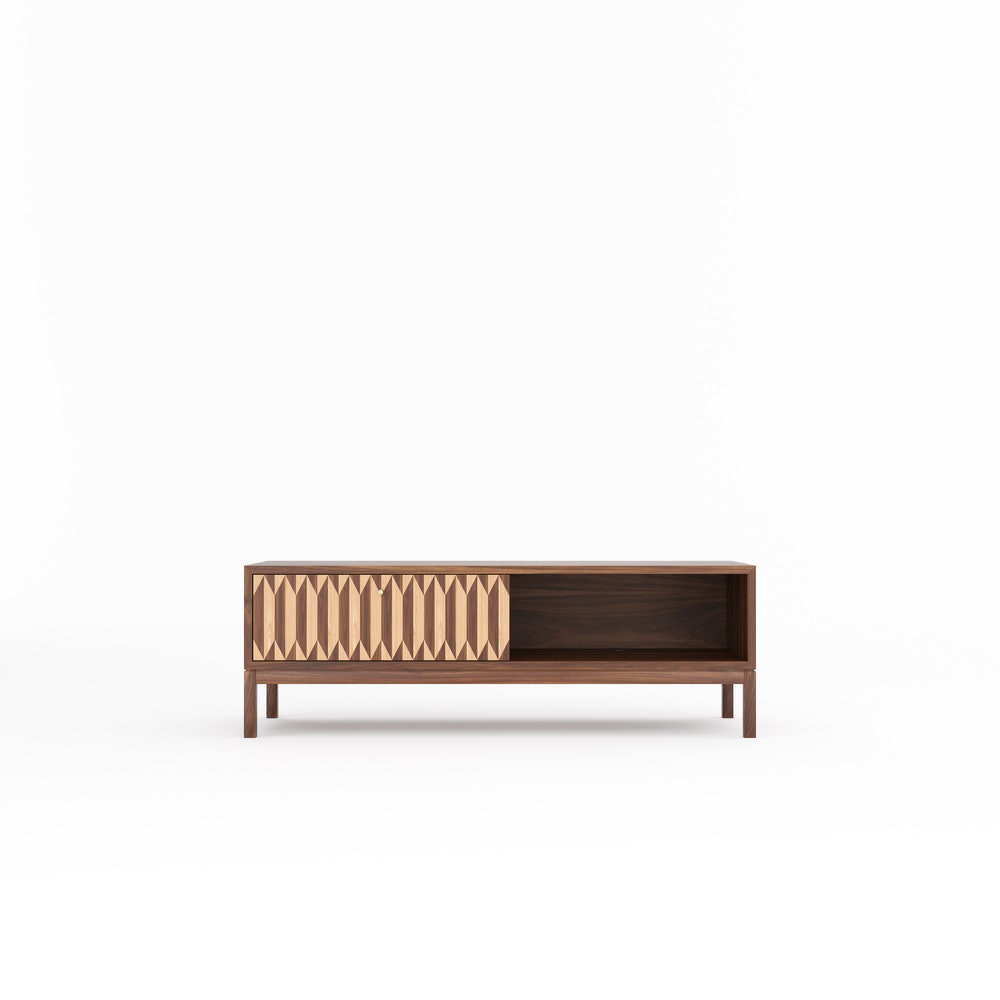Walnut lowboard, TV stand with one inlaid drawer in mid century modern style, credenza, dresser, commode, media cabinet center