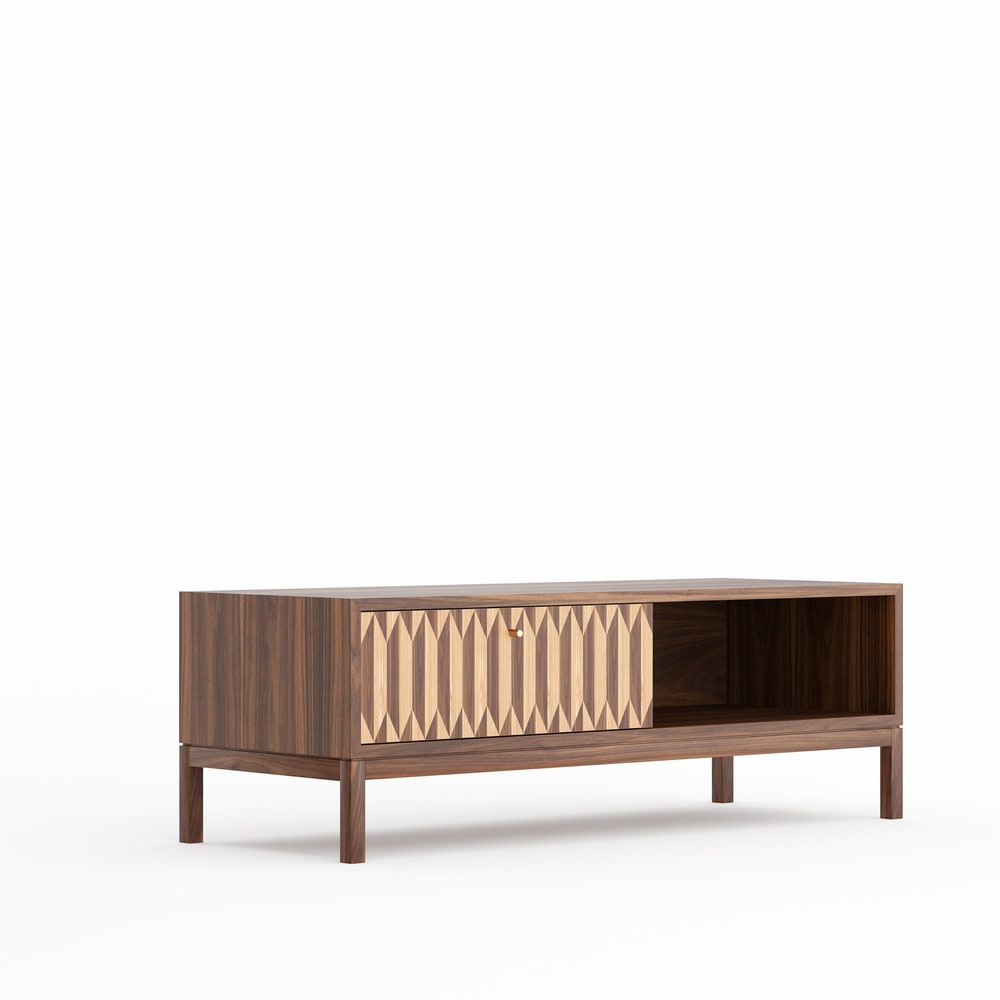 Walnut lowboard, TV stand with one inlaid drawer in mid century modern style, credenza, dresser, commode, media cabinet center
