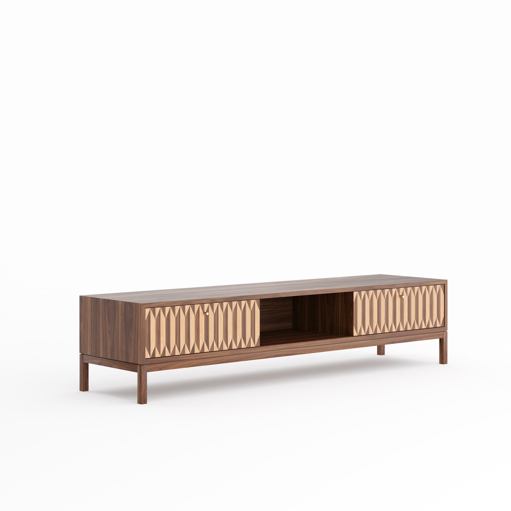 Walnut long lowboard, TV stand with two inlaid drawers in mid century modern style, credenza, dresser, commode, media cabinet center