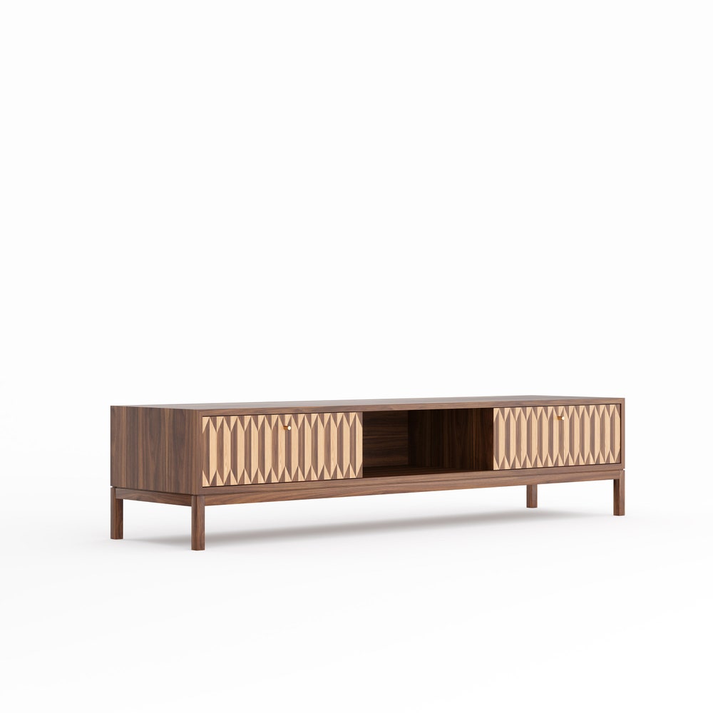 Walnut long lowboard, TV stand with two inlaid drawers in mid century modern style, credenza, dresser, commode, media cabinet center