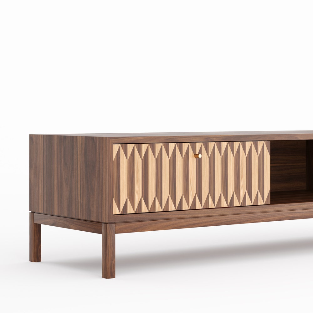 Walnut long lowboard, TV stand with two inlaid drawers in mid century modern style, credenza, dresser, commode, media cabinet center