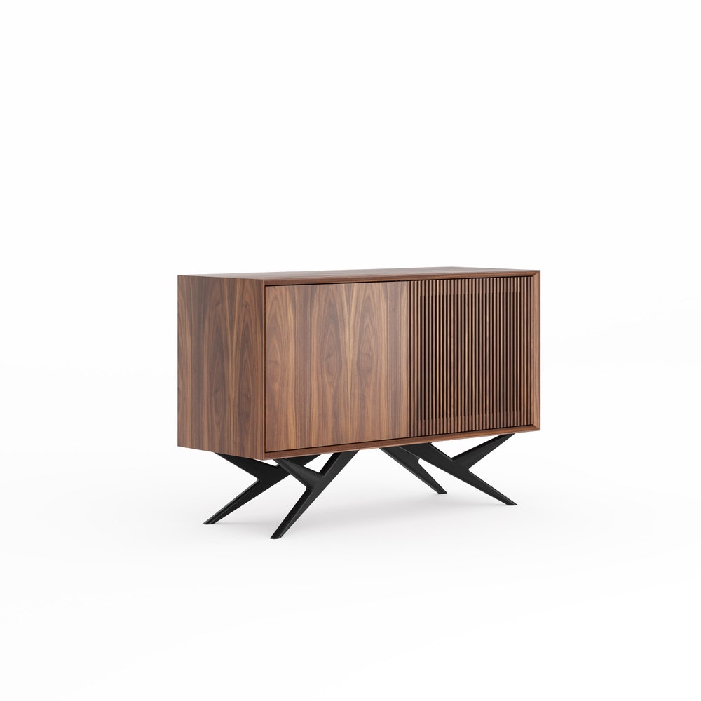 Walnut cabinet with two slatted doors and organic shape base in mid century modern style, credenza, walnut vinyl stand, commode, TV stand