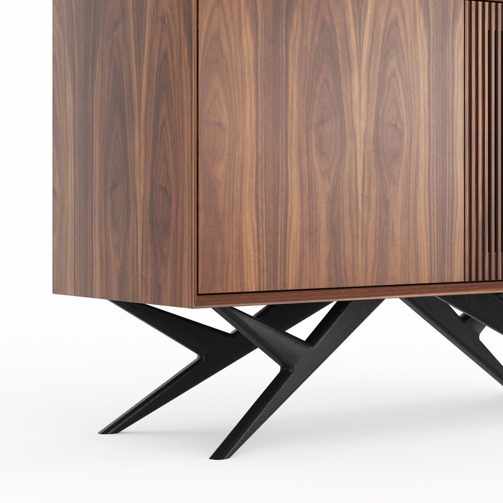 Walnut cabinet with two slatted doors and organic shape base in mid century modern style, credenza, walnut vinyl stand, commode, TV stand
