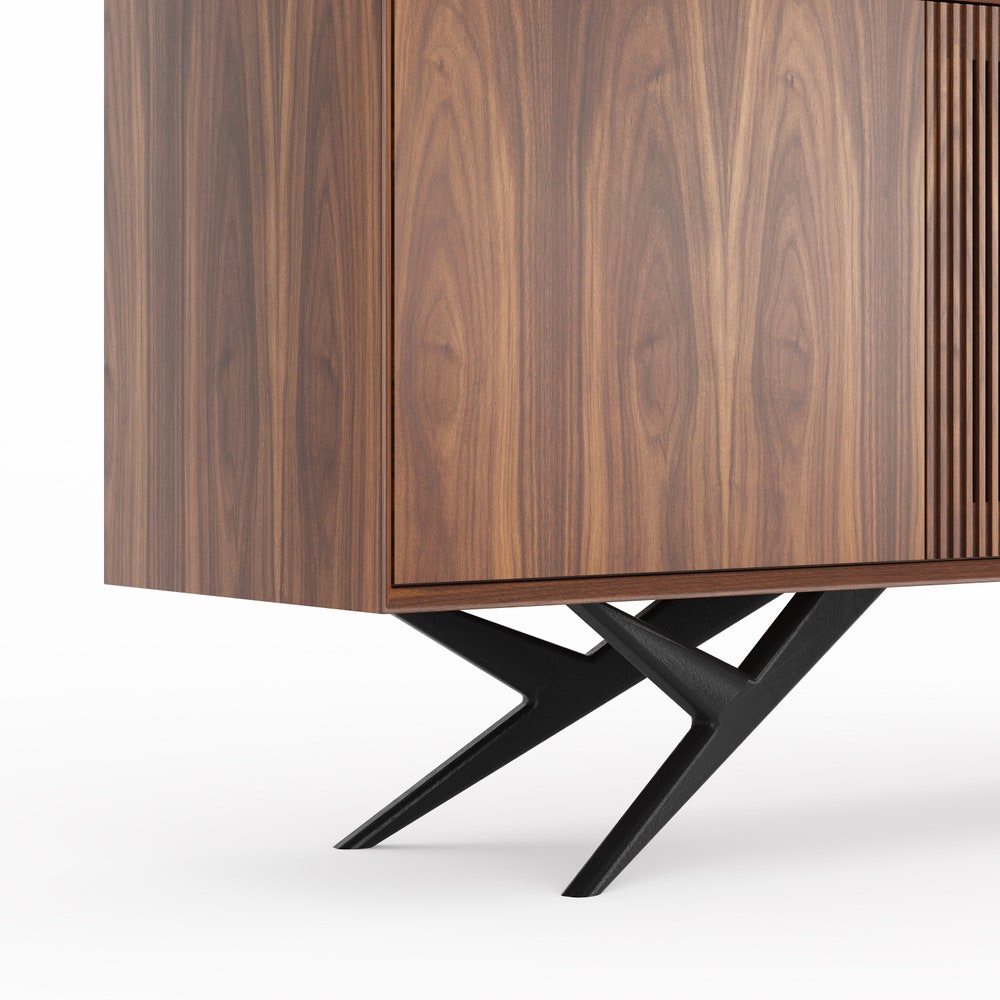 Walnut sideboard with three slatted doors and organic shape base in mid century modern style, credenza, dresser, commode, TV stand, media