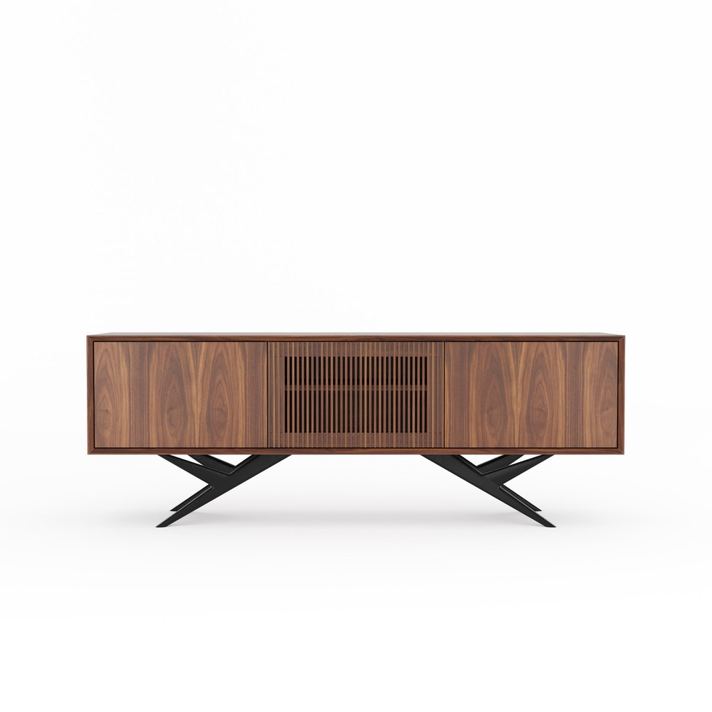 Walnut sideboard with three slatted doors and organic shape base in mid century modern style, credenza, dresser, commode, TV stand, media