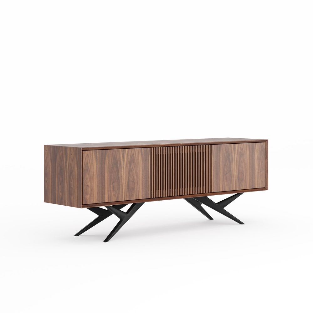 Walnut sideboard with three slatted doors and organic shape base in mid century modern style, credenza, dresser, commode, TV stand, media