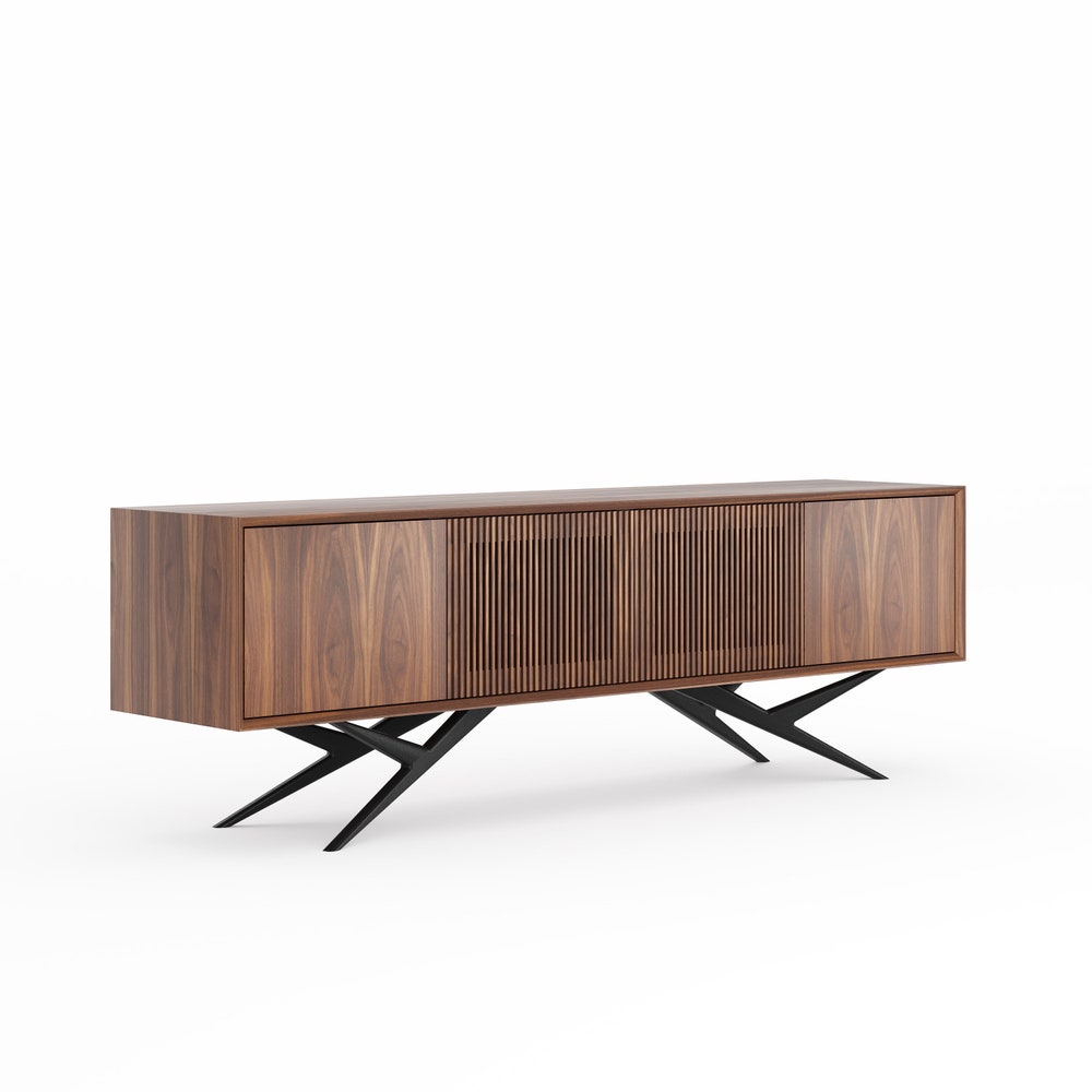 Walnut long buffet with four slatted doors and organic shape base in mid century modern style, dresser, commode, TV stand, media console