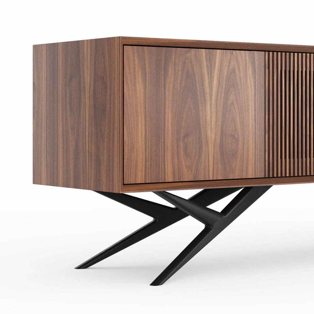 Walnut long buffet with four slatted doors and organic shape base in mid century modern style, dresser, commode, TV stand, media console