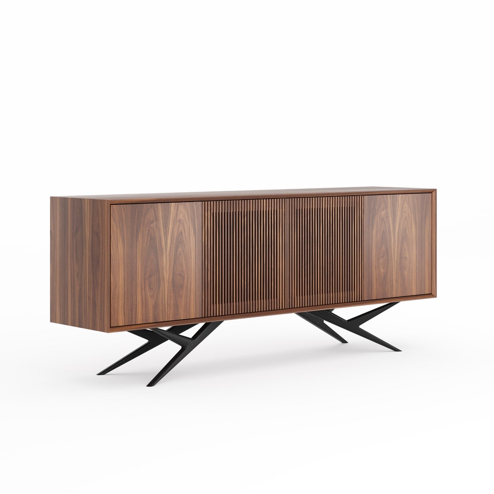 Walnut long buffet sideboard with four slatted doors and organic shape base in mid century modern style, dresser, commode, TV stand