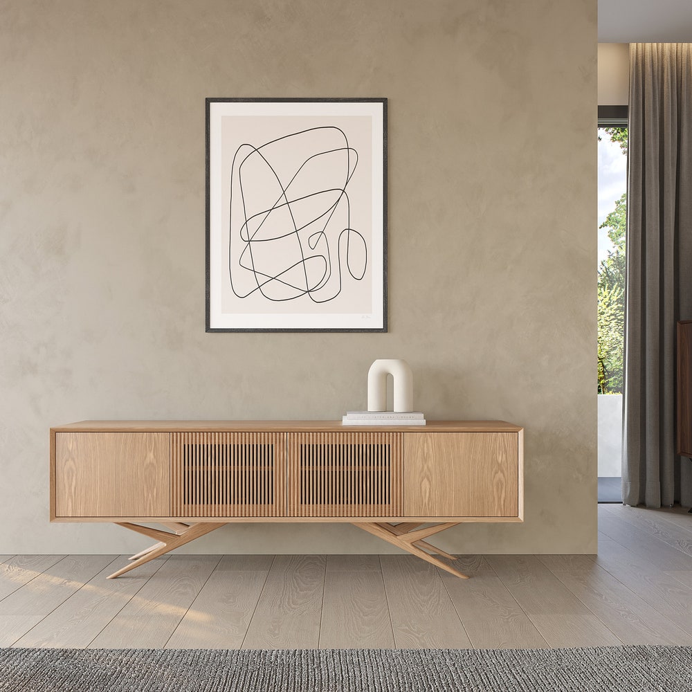 Walnut highboard with two slatted doors and organic shape base in mid century modern style, credenza, dresser, commode, media console