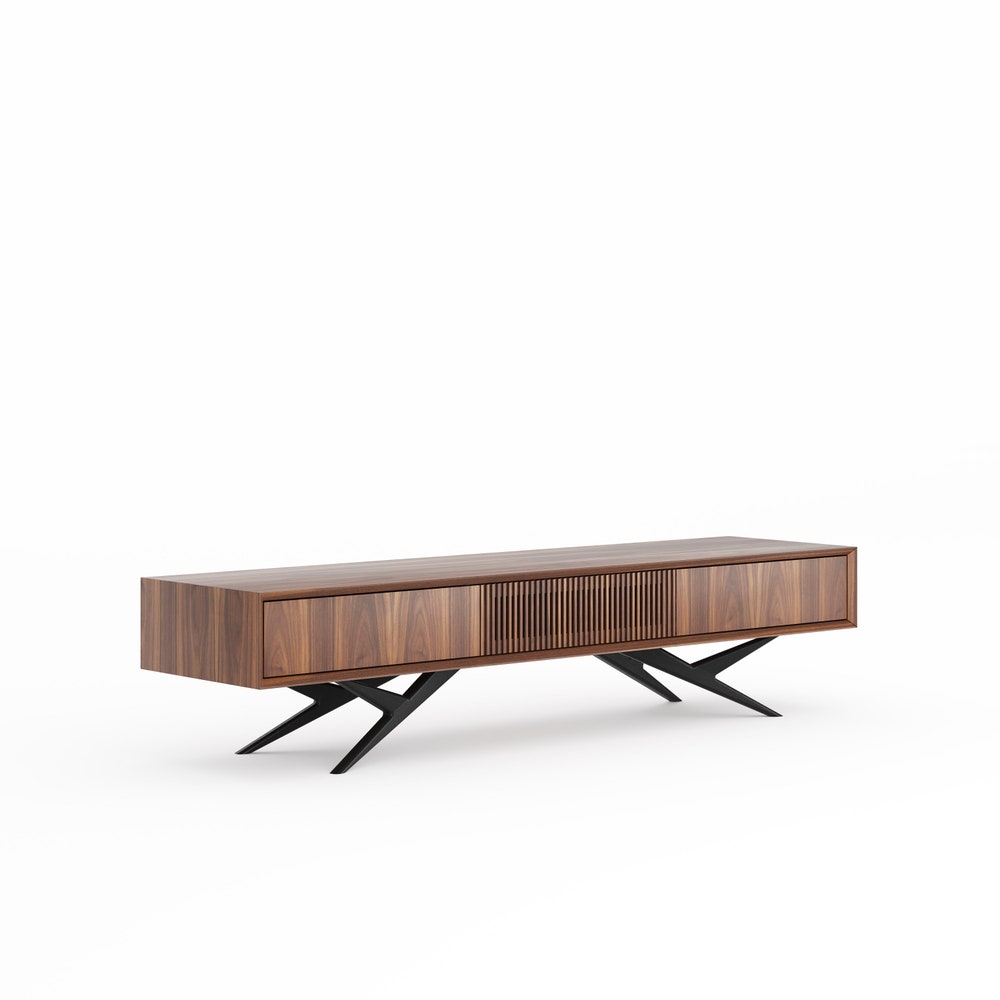 Walnut long tv stand with slatted door, two drawers and organic shape base in mid century modern style, oak lowboard, media console center