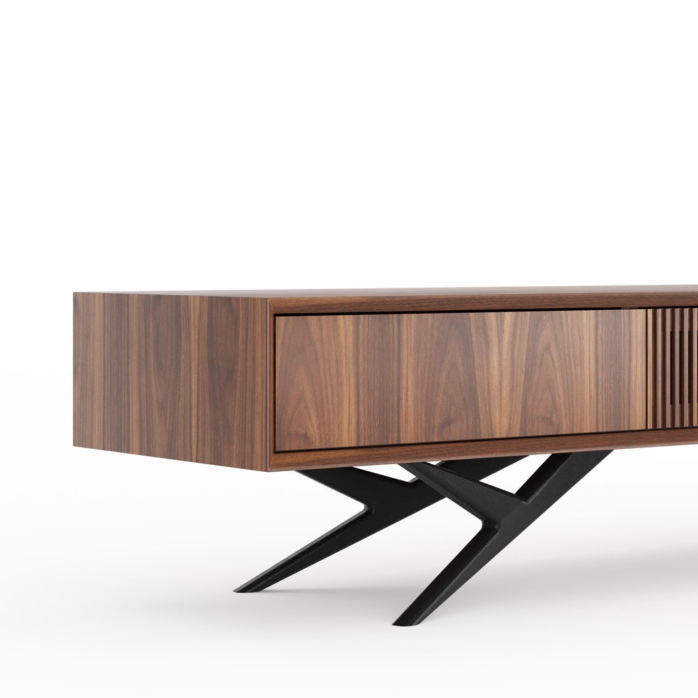 Walnut long tv stand with slatted door, two drawers and organic shape base in mid century modern style, oak lowboard, media console center