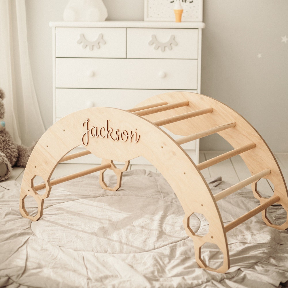 Climbing Arch with Pillow, Baby standing walking toys, Montessori furniture, Toddler First christmas gift, Wooden baby gym Montessori rocker