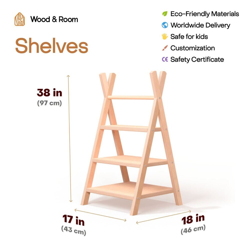 Wooden Clothing Rack with Shelves and Hangers, born Baby Wardrobe, Teepees for kids, Montessori furniture, Nursery Infant Dress Hanger