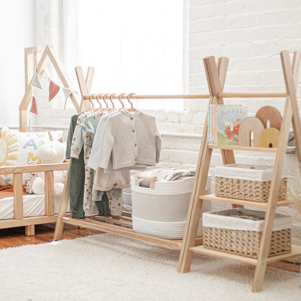 Wooden Clothing Rack with Shelves and Hangers, born Baby Wardrobe, Teepees for kids, Montessori furniture, Nursery Infant Dress Hanger