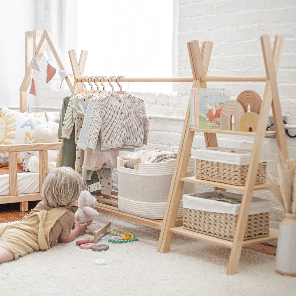 Wooden Clothing Rack with Shelves and Hangers, born Baby Wardrobe, Teepees for kids, Montessori furniture, Nursery Infant Dress Hanger