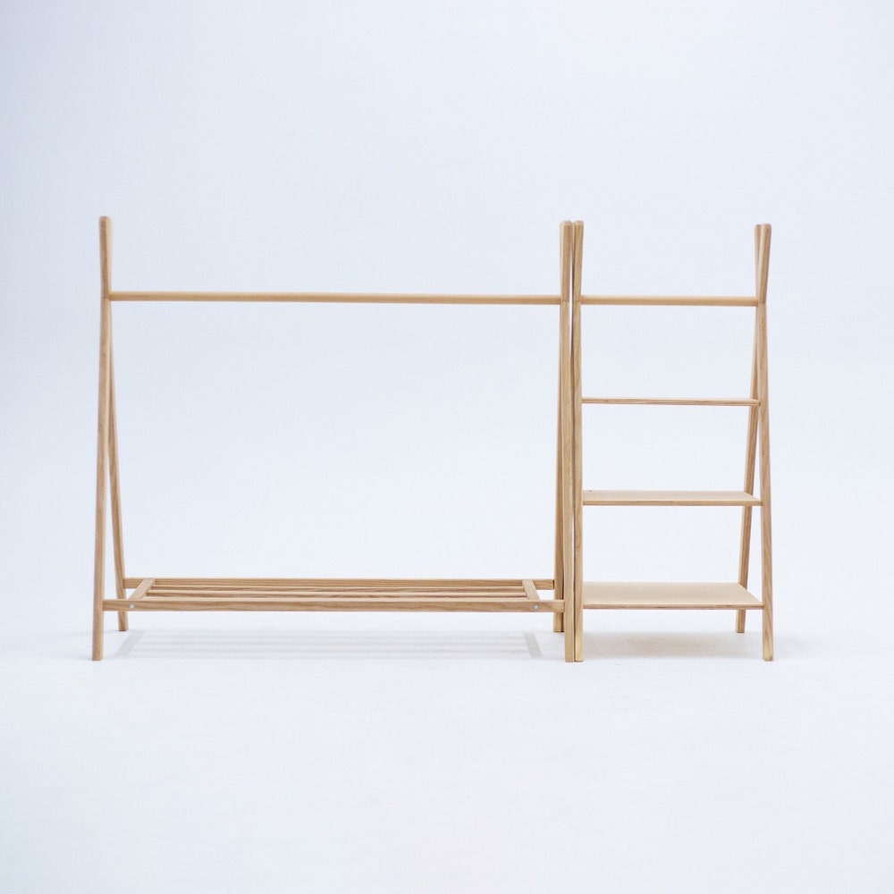 Wooden Clothing Rack with Shelves and Hangers, born Baby Wardrobe, Teepees for kids, Montessori furniture, Nursery Infant Dress Hanger