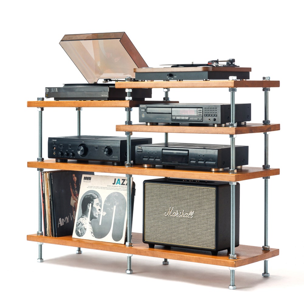 2 in 1  Rack,  Turntable Stand, Wood Furniture, Handmade Record Player Stand, Industrial Vinyl Table, Media Hifi TV Unit