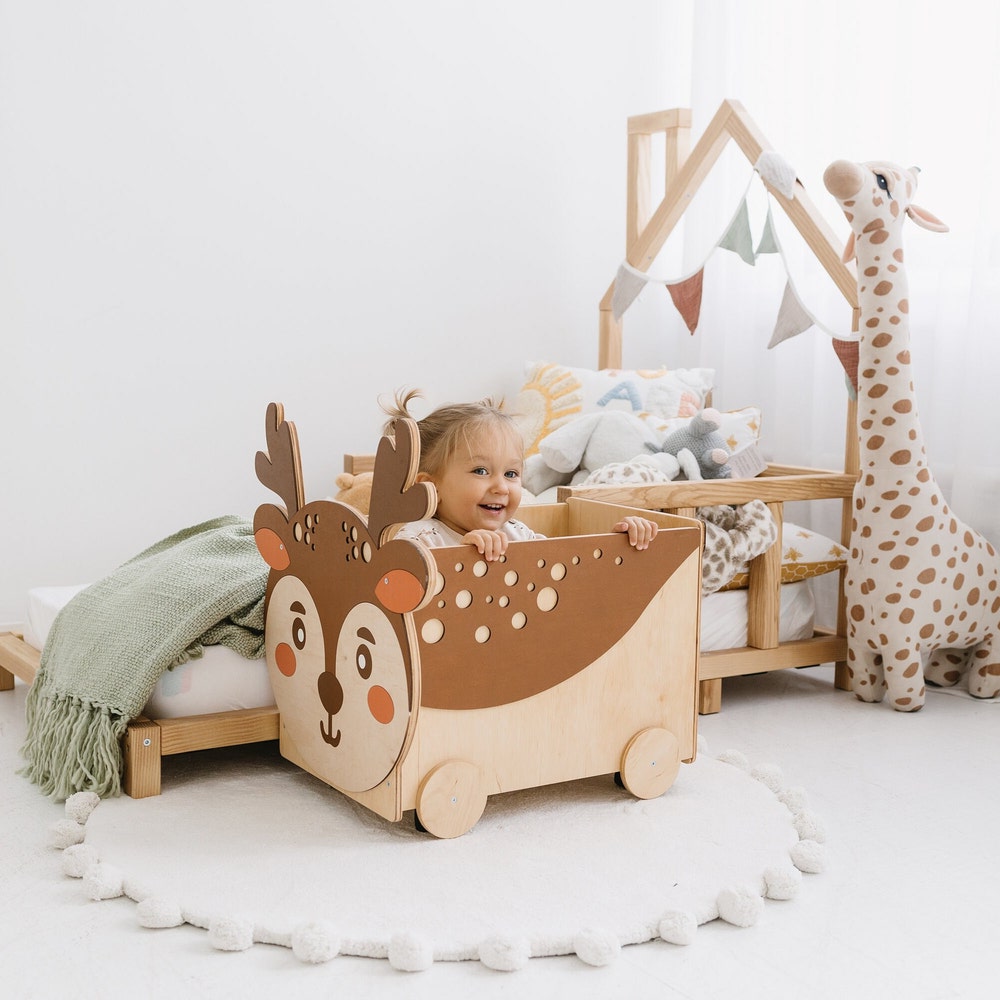 Wooden Box on Wheels, Baby and Toddler Toys Storage, Montessori furniture, Woodland Nursery, Cow Toy Box, Farm First Christmas Toddler Gift