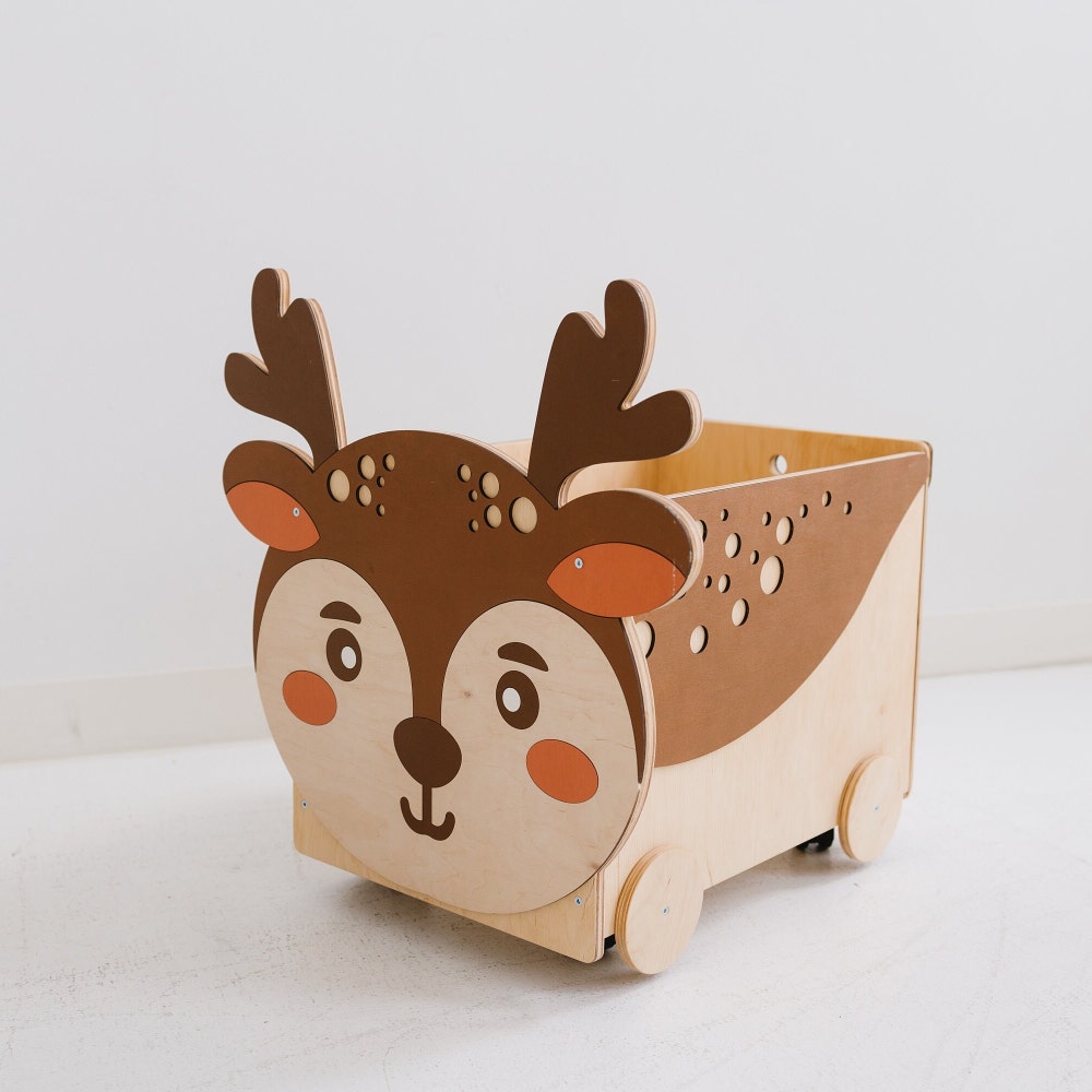 Wooden Box on Wheels, Baby and Toddler Toys Storage, Montessori furniture, Woodland Nursery, Cow Toy Box, Farm First Christmas Toddler Gift