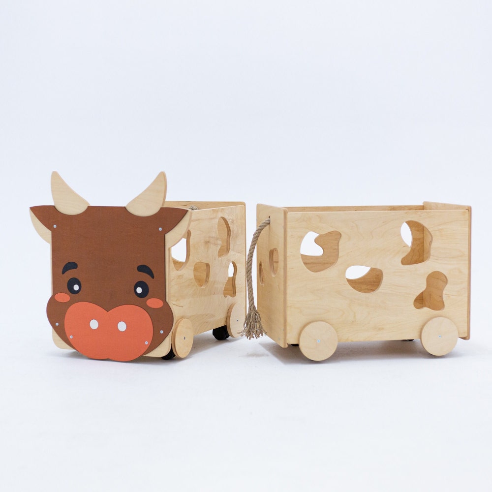 Wooden Box on Wheels, Baby and Toddler Toys Storage, Montessori furniture, Woodland Nursery, Cow Toy Box, Farm First Christmas Toddler Gift