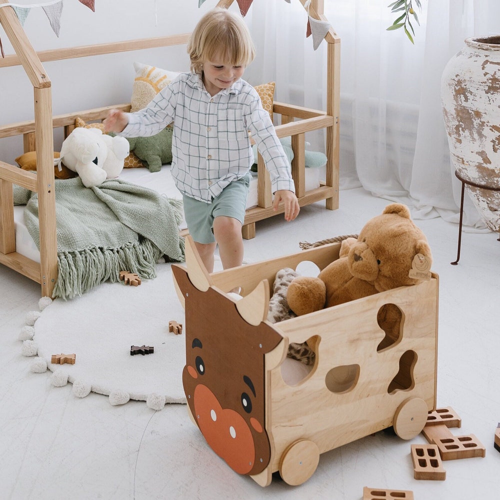 Wooden Box on Wheels, Baby and Toddler Toys Storage, Montessori furniture, Woodland Nursery, Cow Toy Box, Farm First Christmas Toddler Gift