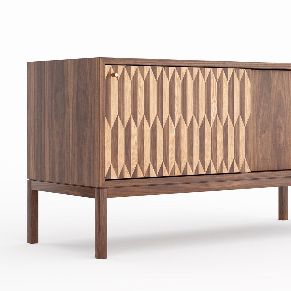Walnut sideboard with two inlaid sliding doors in mid century modern style, credenza, dresser, commode, walnut veneer, walnut + oak inlay